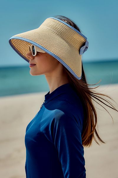 Remsa Mayo Remsa Foldable Visor Straw Hat Sunscreen Visor RŞ-79 Beige with Stripe Piping