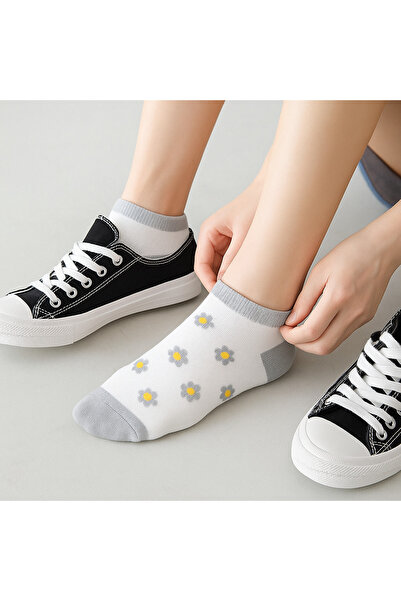 B.T. LADEN ÇORAP Papatya Desenli Gri Kadın Patik 5 Çift Çorap Seti