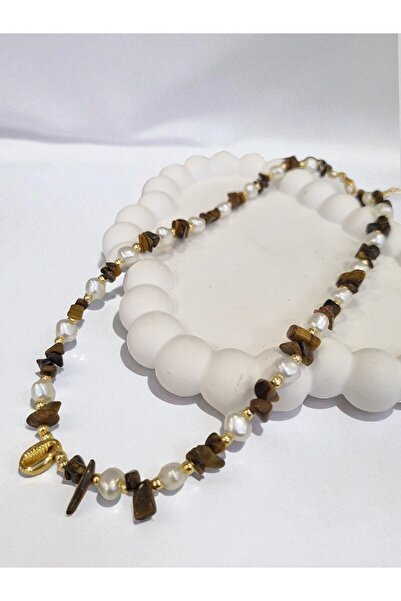 Vinlora Design قلادة بتفاصيل حجر عين النمر واللؤلؤ - تصميم مصنوع يدويًا مع طر...