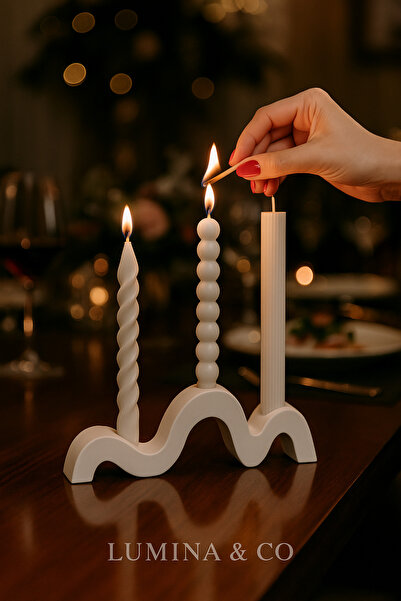 LUMİNA Modern Dalga Formlu 3’lü Şamdan – Beyaz