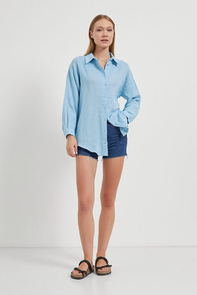 Arma Life Cămașă de bază subțire, cu mânecă lungă, albastră de muselină