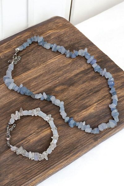 MakeWell Aquamarine Amethyst Diopside Quartz Calcite Stone Beach Set Necklace and Bracelet