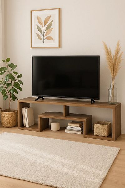MARIA HOMES Modern Brown Wooden TV Stand – 160x30x50 cm Open Shelf Entertainment Console