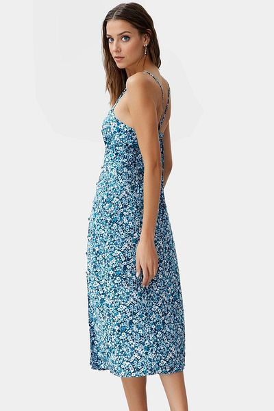 PayBuy Floral Pattern a Line Midi Dress Summer Woven Fabric Comfortable for Daily Wear