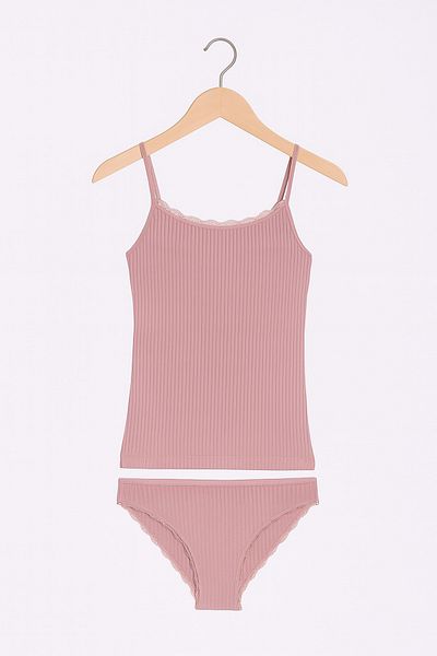 QKK Women's Dusty Rose Viscose Lycra Soft Fabric String Strap Tank Top & Slip Panties Set Q3I5K3L4Ekk