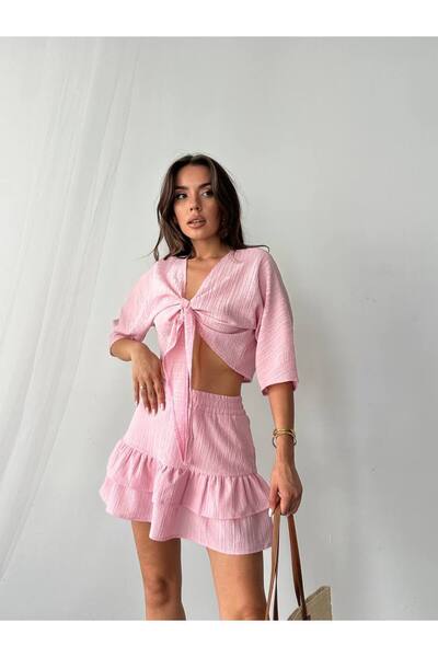 İLKCET MODA Front Tie Linen Shorts Skirt Suit