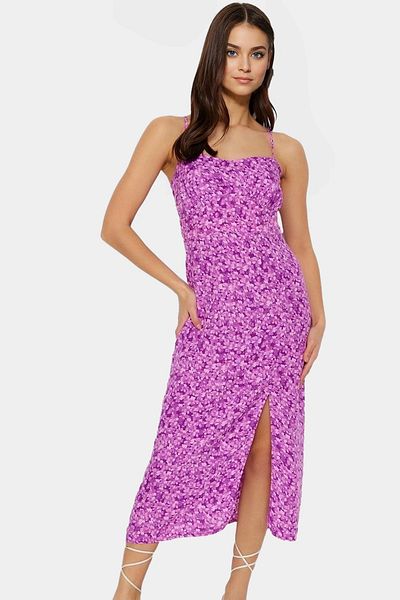 PayBuy Floral Pattern a Line Midi Dress Summer Woven Fabric Comfortable for Daily Wear