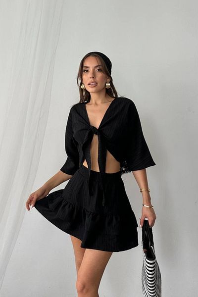 İLKCET MODA طقم تنورة مع شورت كتان برباط أمامي
