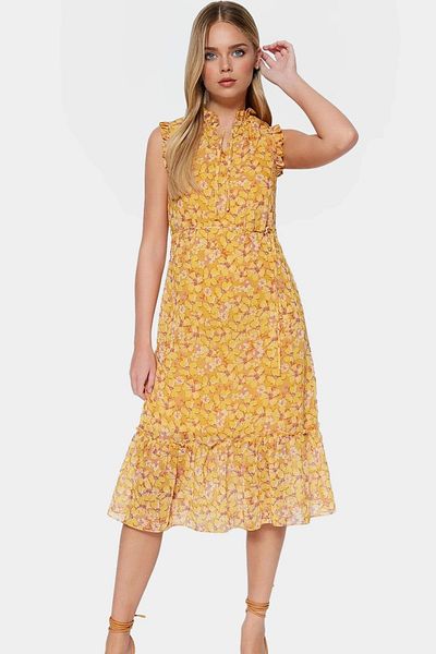 PayBuy Floral Pattern A-Line Midi Chiffon Dress Lined Stand Collar Summer Special Design Comfortable and Stylish