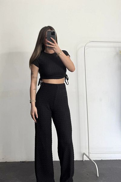 MOZENA Seersucker Fabric Blouse and Pants Set with Gathered Sides
