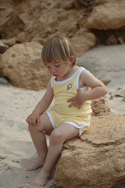 DoDo'S Baby Ice Cream Embroidered Yellow Towel Effect Baby Girl, Baby Boy, Children's Bottom Top Set – Summer 100% Cotton Set