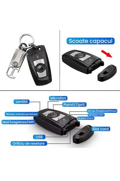 Spionescu Spy car key with hidden camera and keychain, K800, 4K, 75° viewing angle, 900 mAh battery