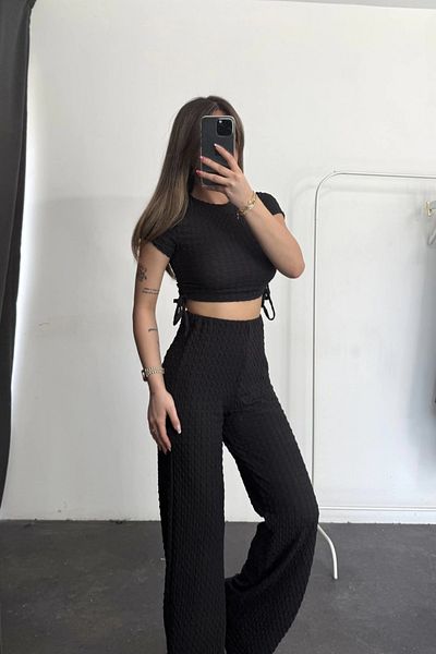 MOZENA Seersucker Fabric Blouse and Pants Set with Gathered Sides