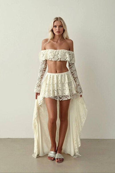 Love Fab Μακρυμάνικο Σετ Φούστας με Δαντέλα και Στράπλες Μοντέλο