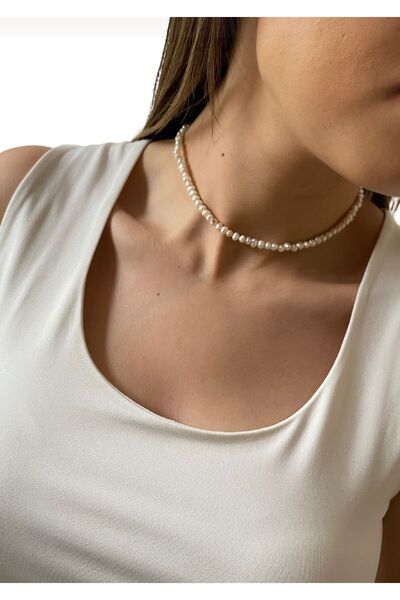By Saadet Özkanlı Kadın Küçük Inci Kolye, Gold Çelik Gerçek Inci, Gerçek Istiridye Inci, 4 Mm Yuvarlak Inci Choker