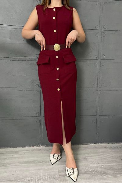 MOZENA Sleeveless Buttoned Maxi Dress with Belt on the Front