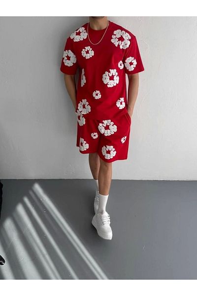 BBbutik Silky Two Thread Fabric Printed T-Shirt Shorts Set - Red