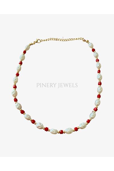 Pinery Jewels Summer Women's Necklace with Pearls and Red Beads – Modern and Stylish Design
