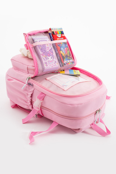 Roxy Pink Kawaii Korean Style Multi-Compartment Children's School Bag with Teddy Bear Accessories