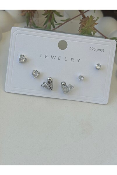 mibrillo 925 Ayar Gümüş Minimal Desenli Küçük Lucy Şans Kalp 6 Lı Küpe Seti