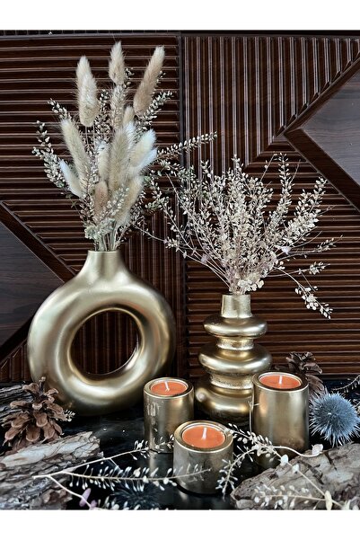 ERGİNCİ HOME Σετ 3 τεμαχίων GOLD ISKANDİNAV σε στυλ Μποέμ, 2 βάζα, 3 θήκες γι...