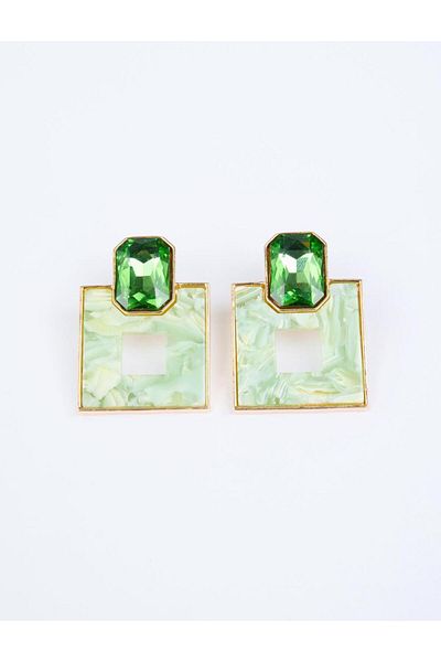 Jimmy Key Green Square Figured Shiny Stone Detailed Earrings