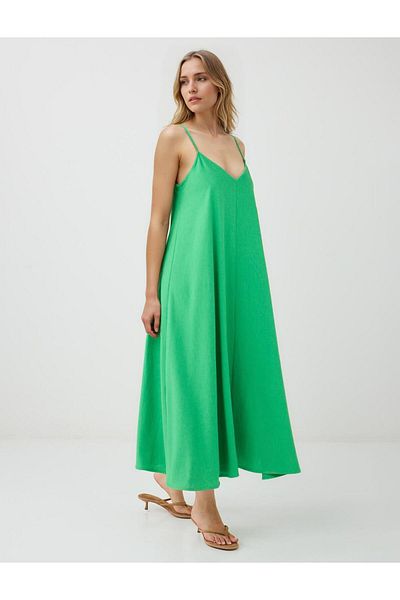 Jimmy Key Green Strap V-Neck Linen Blend Midi Dress