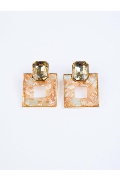 Jimmy Key Brown Square Figured Shiny Stone Detailed Earrings