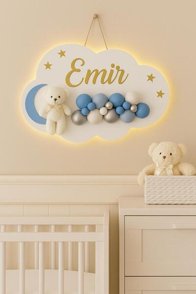 Bonika İstediğiniz Ismi Yazıyoruz - Bubble Ayıcıklı Ledli Bulut Bebek Kapı Süsü
