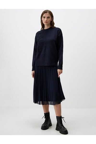 Jimmy Key Navy Blue High Waist Pleated Relaxed Fit Midi Skirt
