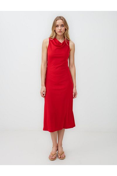 Jimmy Key Red Slim Fit Degaje Collar Sleeveless Midi Dress