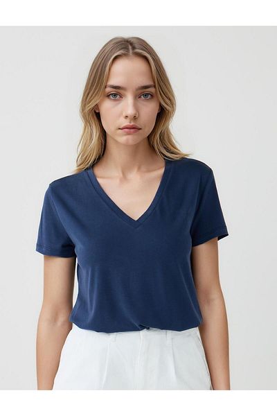 Jimmy Key Navy Blue Straight Cut V-Neck Short Sleeve Basic Knitted T-Shirt