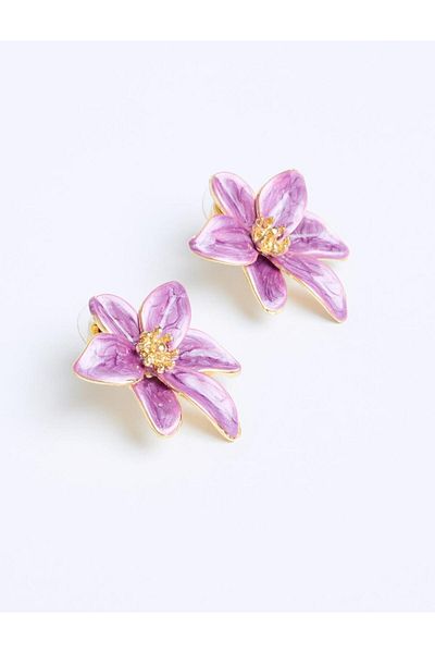 Jimmy Key Shiny Modern Earrings with Purple Flower Figures