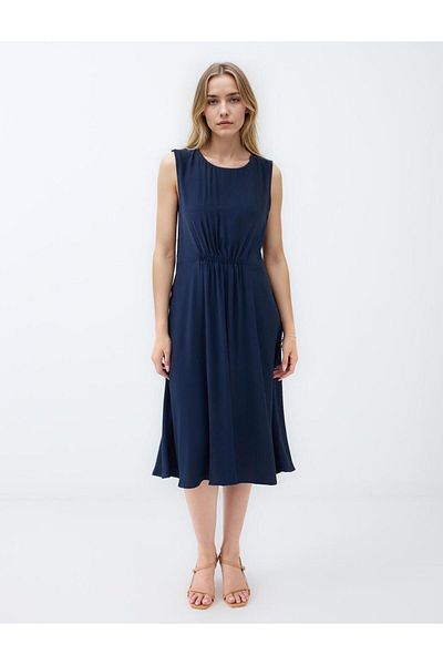 Jimmy Key Navy Blue Round Neck Sleeveless Woven Midi Dress