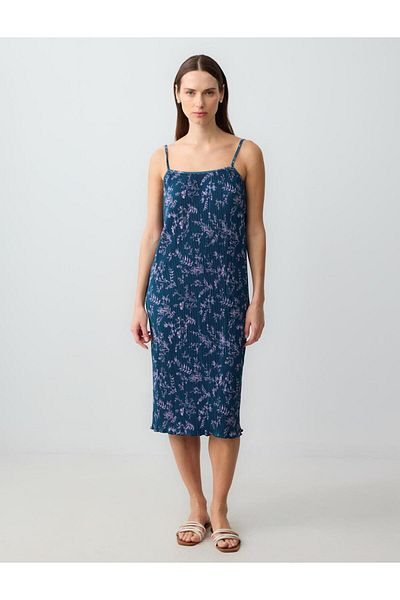 Jimmy Key Navy Blue Strappy Open Neck Floral Patterned Knitted Midi Dress