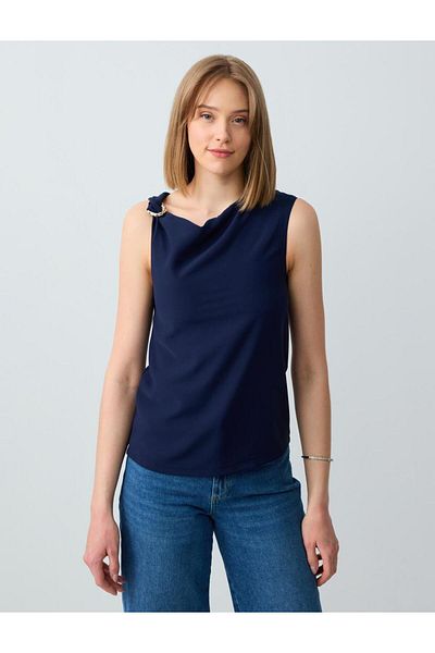 Jimmy Key Navy Blue Straight Cut Boat Neck Sleeveless Woven Blouse