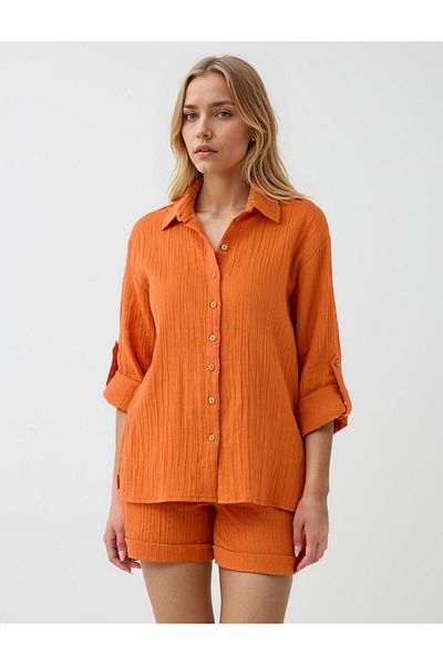 Jimmy Key Orange Long Sleeve Button Detailed Woven Shirt
