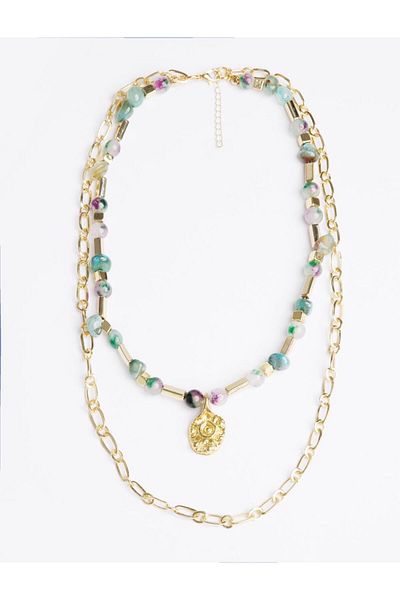 Jimmy Key Double Adjustable Necklace with Green Natural Stone Detail