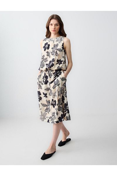 Jimmy Key Beige Relaxed Cut Regular Waist Floral Patterned Woven Midi Skirt