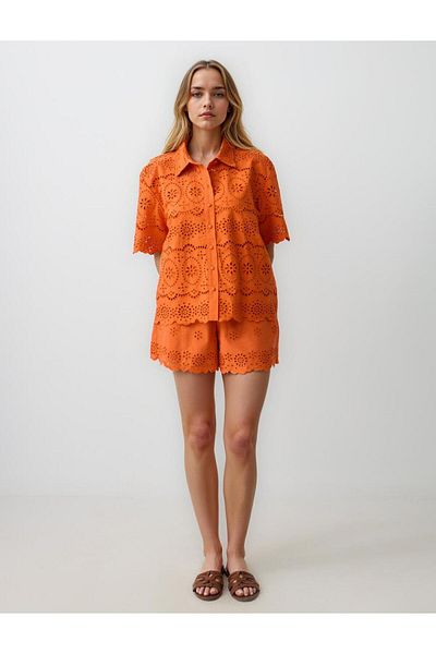 Jimmy Key Orange 100% Cotton Wide Leg High Waist Patterned Shorts