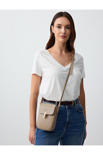 Jimmy Key Beige Leather Look Strap Bag with Logo Detail