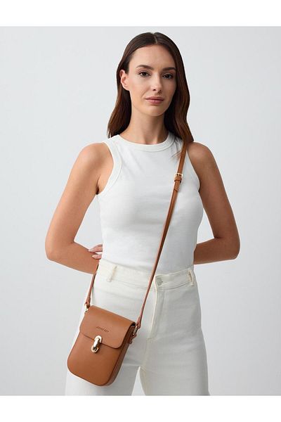 Jimmy Key Tan Leather Look Strap Bag with Logo Detail