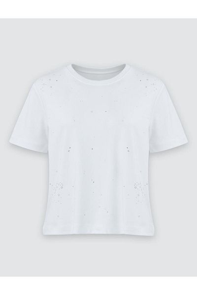 Jimmy Key White 100% Cotton Crew Neck Stone Printed T-Shirt