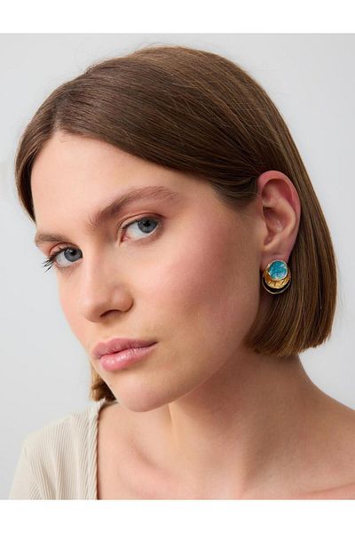 Jimmy Key Turquoise Enamel Detailed Round Figured Earrings