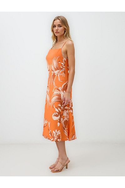 Jimmy Key Orange Floral Patterned Strap Plain Neck Midi Dress
