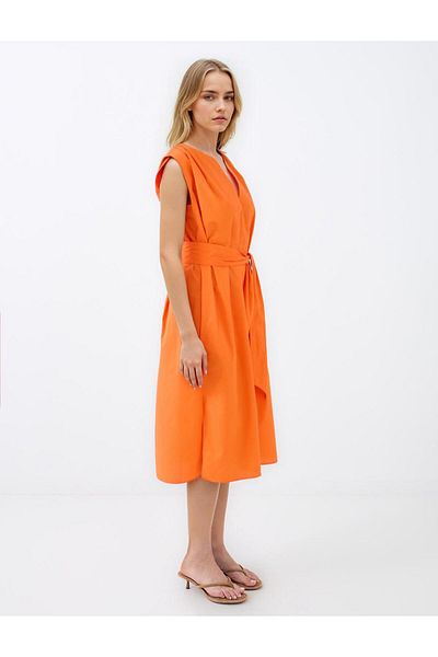 Jimmy Key Orange 100% Cotton Short Sleeve V Neck Midi Dress with Belt