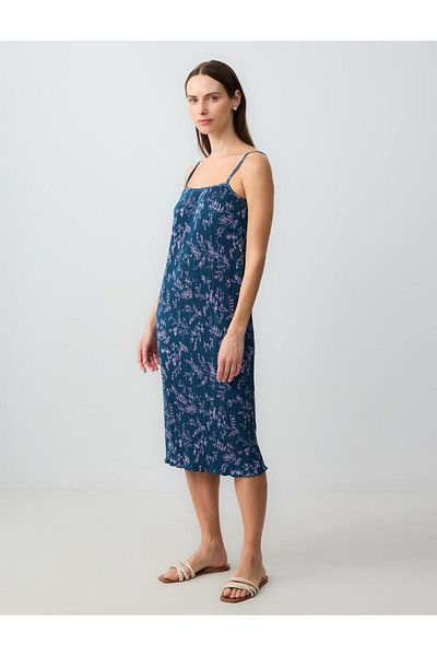 Jimmy Key Navy Blue Strappy Open Neck Floral Patterned Knitted Midi Dress