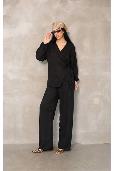Modestia Women's Black Double Breasted Tied Sofia Linen Suit (Set of 2)