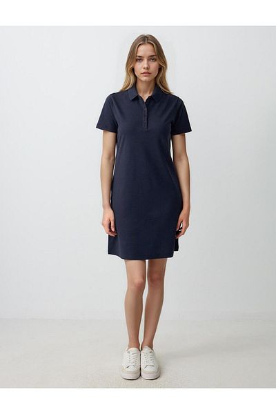 Jimmy Key Navy Blue Straight Cut Shirt Collar Short Sleeve Mini Knitted Dress