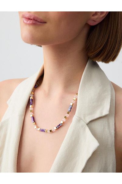 Jimmy Key Lilac Natural Stone Detailed Square Beaded Necklace